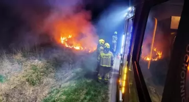 Nocny pożar trawy w Tuchomiu